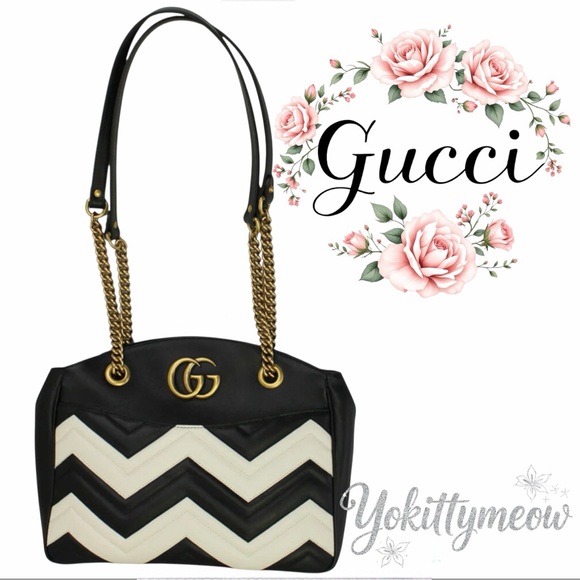 GUCCI Calfskin Matelasse Medium GG Marmont Open Top Shoulder Bag Black White - Picture 1 of 9